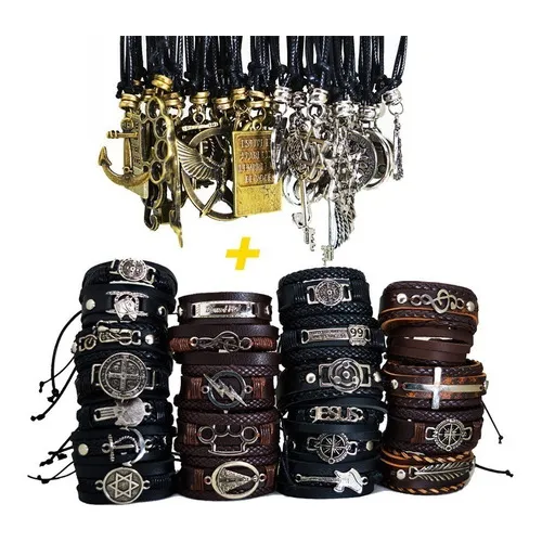 Colar Masculino /fem. E Pulseira De Couro 30 Peças Atacado Cor Preto Foto 1