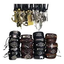 Colar Masculino /fem. E Pulseira De Couro 50 Peças Atacado Cor Preto Foto mini 1