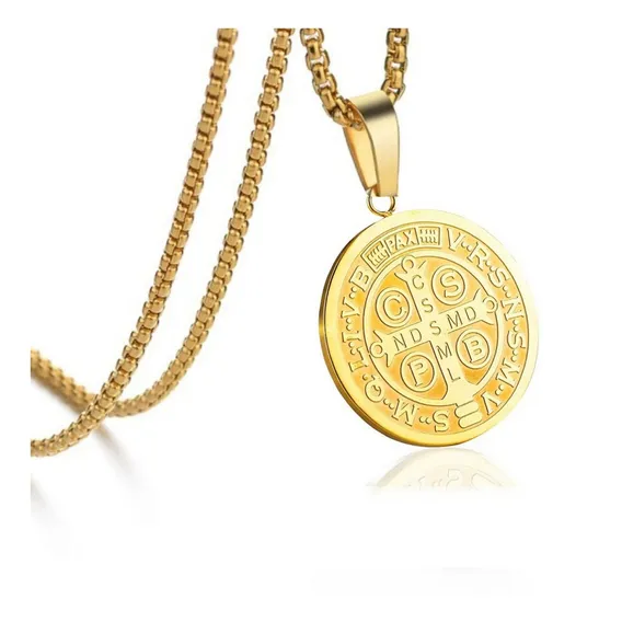 Colar Medalha Cruz São Bento Banhada Ouro Aço 316l Cor Dourado Foto 1
