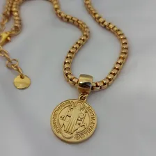 Colar Medalha Sao Bento Semijoia Folheado Banhado Ouro 18k Cor Dourado Foto mini 2