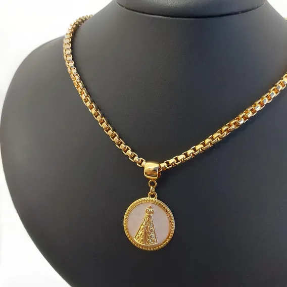 Colar Nossa Senhora Aparecida Semijoia Banho Ouro 18k Cor Dourado Foto 1