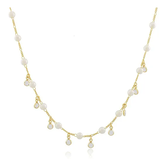 Colar Perola Com Zirc么nia, Cor Dourado Foto 1