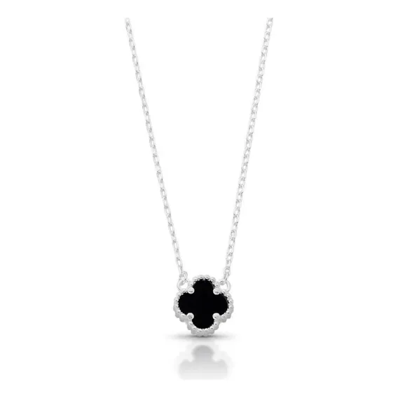 Colar Prata 925 Trevo Pedra Ônix Inspiração Van Cleef Foto 1