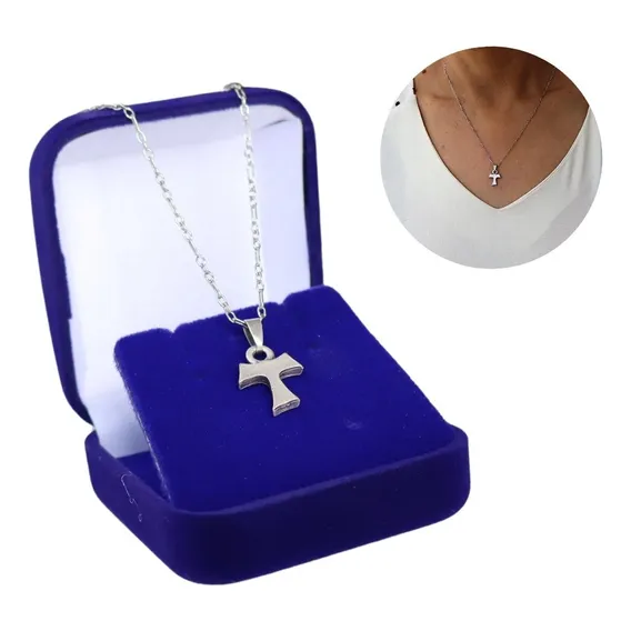 Colar Prateado Com Medalha Tau Franciscano Mini Em Prata Cor Azul Foto 1