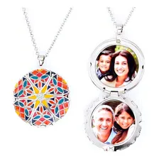 Colar Relicário Esmaltado Prateado Multicolor Para Foto Foto mini 3