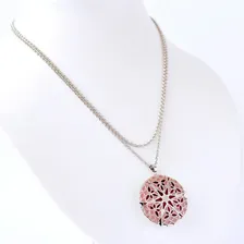 Colar Relicário Esmaltado Prateado Rosa Para Foto Foto mini 3