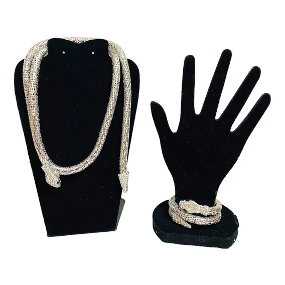 Colar Serpente E Pulseira Cobra Prateado Com Strass Lindo Foto 1