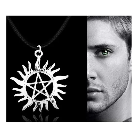 Colar Sol Pentagrama Supernatural Serie Prateado Couro Foto 1