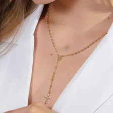 Colar Terço Feminino Dourado Rosario Crucifixo Banhado Ouro Foto mini  2