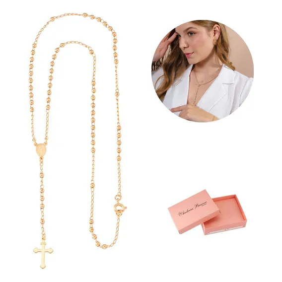 Colar Terço Feminino Dourado Rosario Crucifixo Banhado Ouro Foto 1