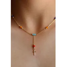 Colar Terço Resinas Coloridas Banhado Ouro 18k Presente Foto mini 2