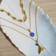 Colar Triplo Búzios Olho Grego Sereia Folheado Prata Foto mini 3