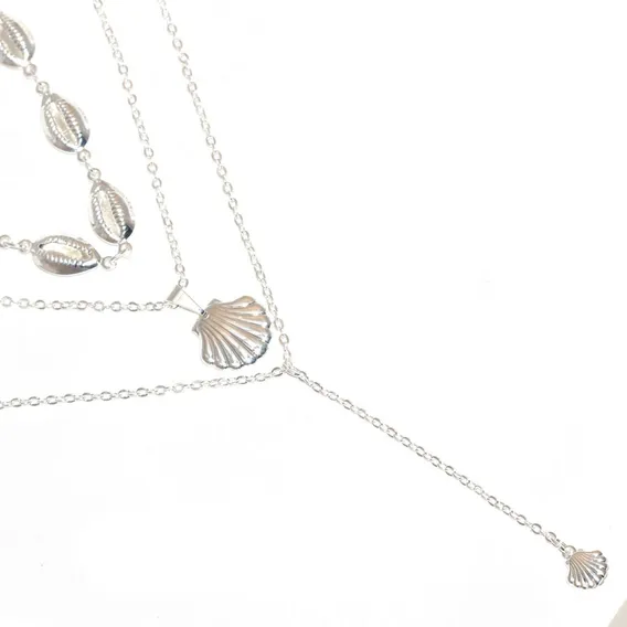 Colar Triplo Choker Búzio Pingente Concha Folheado Prata. Cor Prateado Foto 1