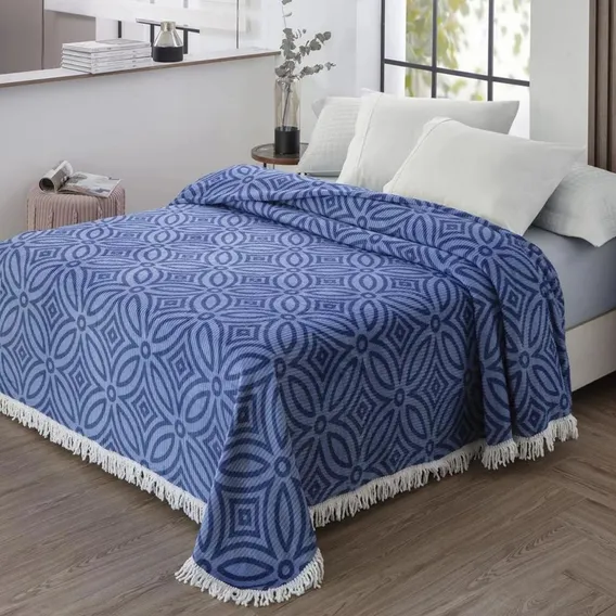 Colcha Casal Chenille Jolitex Canelada Com Franja Isadora Cor Azul Foto 1