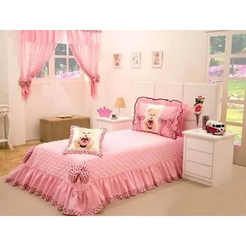 Colcha E Cortina Para Menina Infantil Ursinha 4 Peças Rosa Foto 1