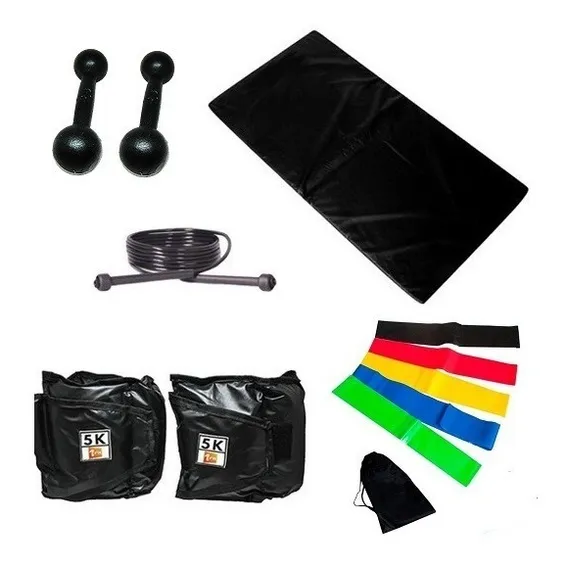 Colchonete Preto+ Caneleira5kg+ Halter3kg+ 5 Miniband+ Corda Cor Preto Foto 1