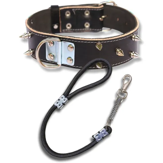 Coleira Para Pit Bull Couro Com Spike Coleira Spike + Guia Cor Preto Foto 1