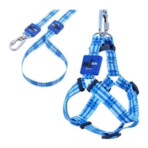 Coleira Peitoral Cachorros Com Guia Xadrez Azul P Foto 1