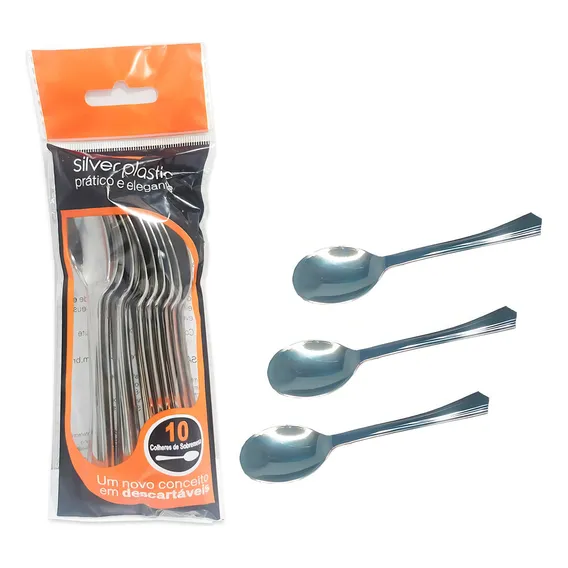 Colher Sobremesa Descartável Luxo Silver Plastic - 10 Un Foto 1