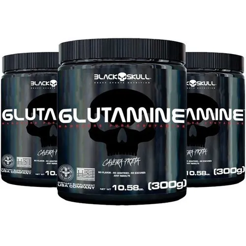 Combo 3x Glutamine 300g - Glutamina Caveira Preta - Black Skull Sabor Sem Sabor Foto 1