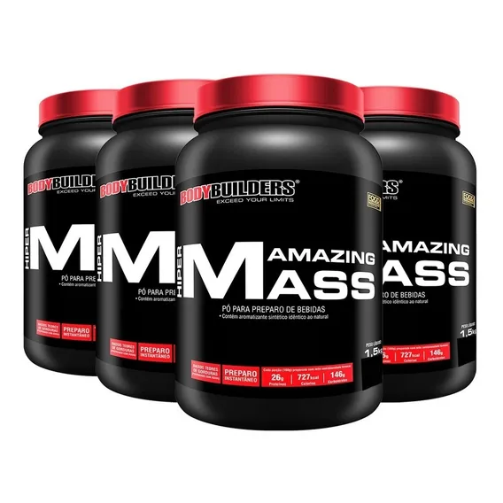 Combo 4x Hipercalórico Amazing Mass 1,5kg - Bodybuilders Sabor Morango Foto 1