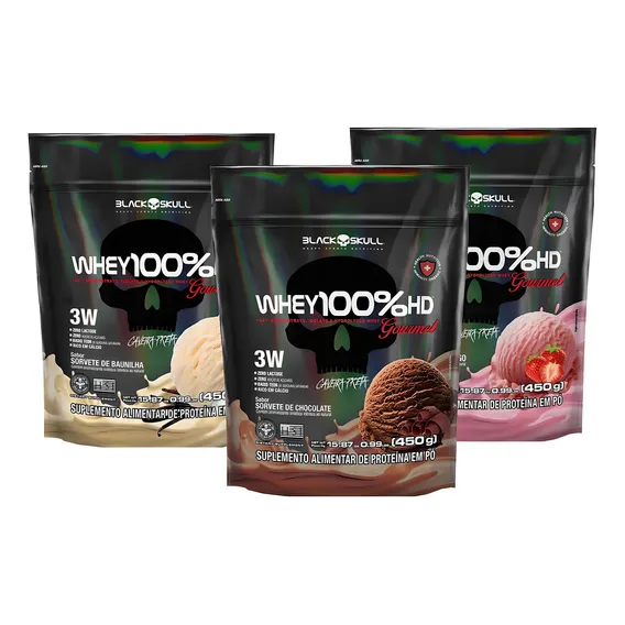Combo Whey Protein 100% Hd Gourmet Refil 3 Sabores 450g Cada - Black Skull Foto 1