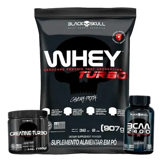 Combo Whey Protein Turbo + Bcaa + Creatina - Black Skull Sabor Baunilha Foto 1