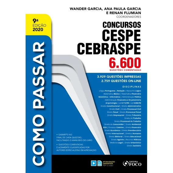 COMO PASSAR EM CONCURSOS CESPE / CEBRASPE - 6.600 QUESTÕES COMENTADAS, de Satin, Aline. Como passar (9), vol. 9. Editorial Editora Foco Jurídico Ltda, capa mole em português, 2020 Foto 1