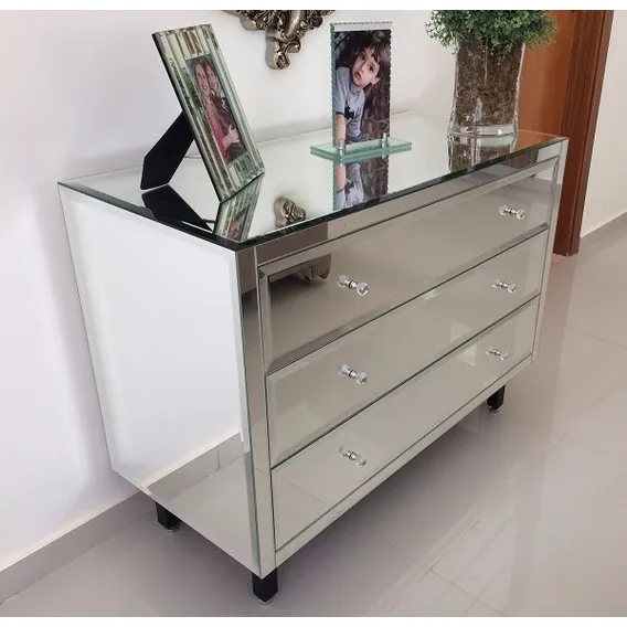 Comoda Espelhada 3 Gavetas Espelho Bisotado Puxador Cristal Foto 1