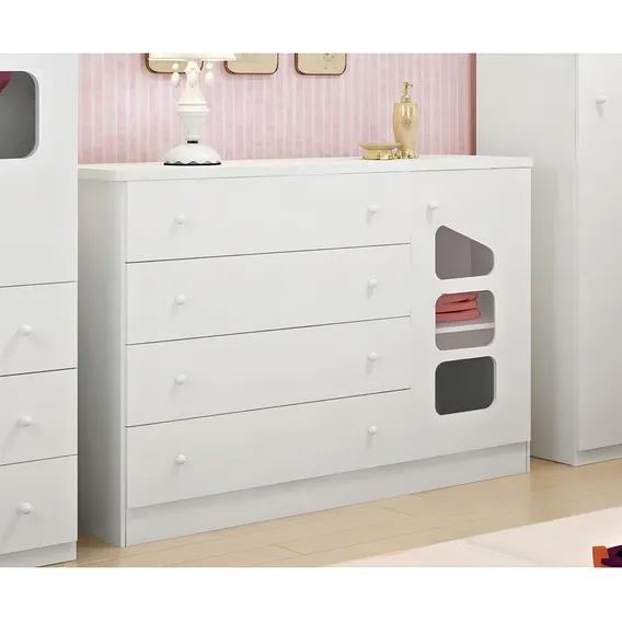 Cômoda Infantil Eloísa 04 Gavetas E 01 Porta Branco - Phoeni Foto 1