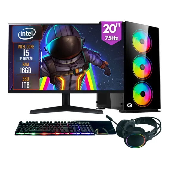Computador Gamer completo 2Eletro RGB, Intel Core i5, 16GB RAM, SSD 1TB, Fonte 500W, Monitor 20