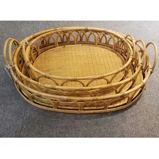 Conj 3 Bandejas Decorativas De Rattan E Madeira Lc0381 Btc Foto mini 2