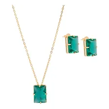Conj Colar Brinco Pedra Fúsion Delicado Folheado Ouro 18k Cor Verde Foto mini 1