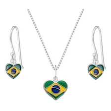 Conj. Colar Brinco Zirconia Bandeira Brasil Prata Cor Prateado Foto mini 1