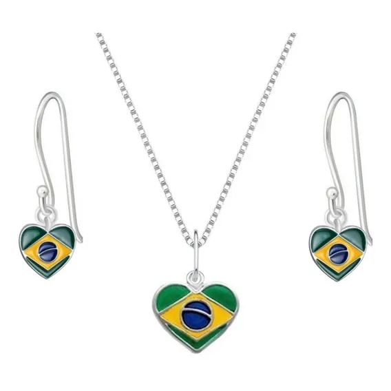 Conj. Colar Brinco Zirconia Bandeira Brasil Prata Cor Prateado Foto 1