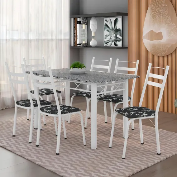 Conj De Mesa Com 6 Cadeiras 1,40m Granito/branco Branco Foto 1