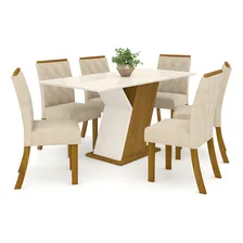 Conj Sala Jantar Mesa 160cm Tamp Mdf 6 Cadei Lupita Casa 812 Tampa Nature Com Off White E Linho Pés Nature Foto mini 4