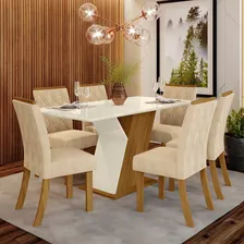 Conj Sala Jantar Mesa 160cm Tamp Mdf 6 Cadei Lupita Casa 812 Tampa Nature Com Off White E Linho Pés Nature Foto  mini 1