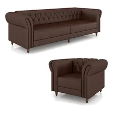 Conjunto 1 Sofá 240 1 Poltrona Chesterfield Couro Marrom Foto mini  2