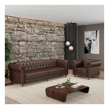 Conjunto 1 Sofá 240 1 Poltrona Chesterfield Couro Marrom Foto  mini 1