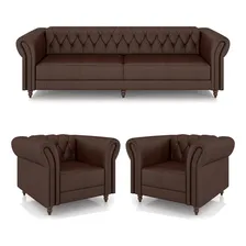 Conjunto 1 Sofá 240cm 2 Poltronas Chesterfield Couro Marrom Foto mini  2