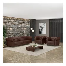 Conjunto 1 Sofá 240cm 2 Poltronas Chesterfield Couro Marrom Foto  mini 1