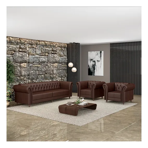 Conjunto 1 Sofá 240cm 2 Poltronas Chesterfield Couro Marrom Foto 1