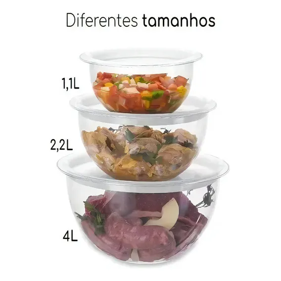 Conjunto 3 Bowl Acrílico C/ Tampa Hermético 1,1 / 2,2 / 4 L Foto 1