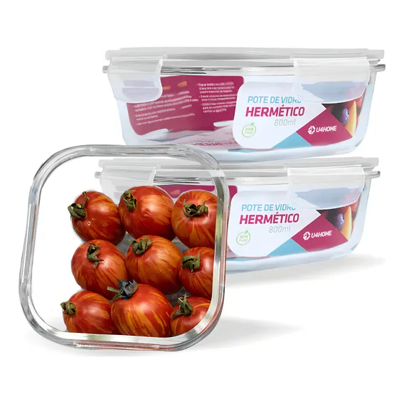 Conjunto 3 Potes de Vidro Quadrado Hermético Marmita Mantimentos 800ml Foto 1