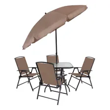 Conjunto 4 Cadeiras + Mesa Jardim Área Externa + Ombrelone Cor Marrom Foto  mini 1