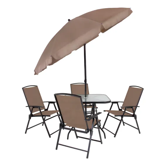 Conjunto 4 Cadeiras + Mesa Jardim Área Externa + Ombrelone Cor Marrom Foto 1