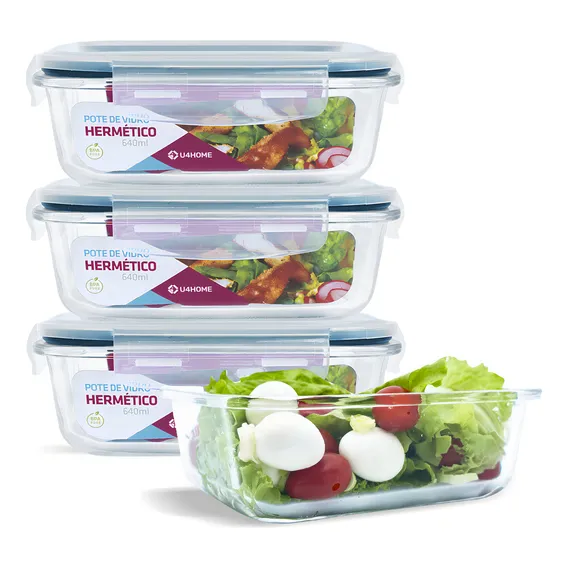 Conjunto 4 Pote Vidro Hermética Mantimentos Tampa 640ml Cor Azul Foto 1