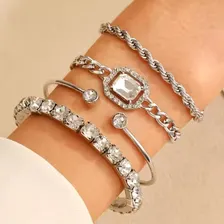 Conjunto 4 Pulseiras Femininas Dourada Prata Bracelete Joias Foto  mini 1