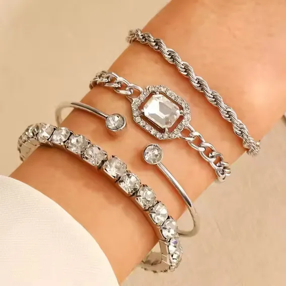 Conjunto 4 Pulseiras Femininas Dourada Prata Bracelete Joias Foto 1